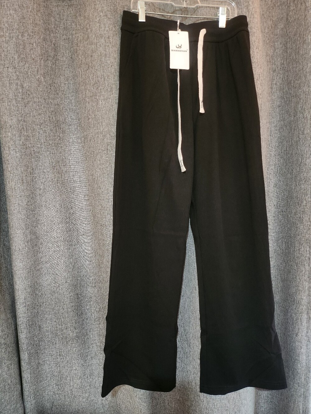 Black Drawstring Wide-Leg Lounge Pants with White Drawcord